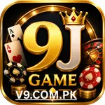 9J Game APK casino style app icon featuring a gold and black design with large 9J lettering, poker chips, playing cards, roulette wheel, and crown symbol for premium gaming look